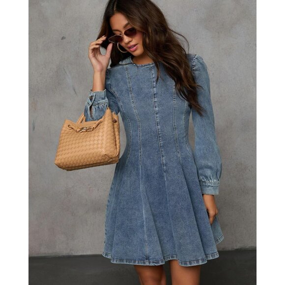 Women Denim Dress Long Sleeve Slim Fit Mini Ruffle High Waist Casual - Picture 3 of 6